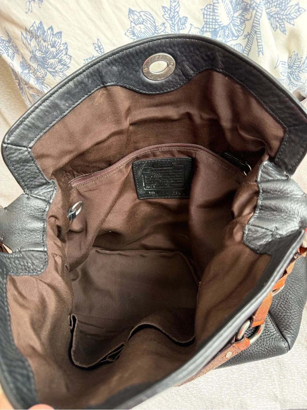 Coach Black Pebbled Leather Shoulder Bag with Brown Strap Accents